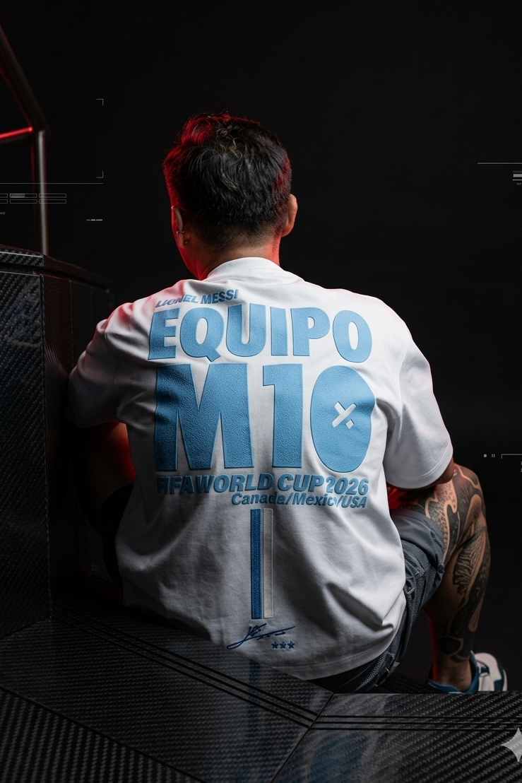 A man seen from behind wearing a white t-shirt with a large blue graphic on the back that reads 'EQUIPO M10 FIFA WORLD CUP 2026 Canada/Mexico/USA'. He is sitting on a carbon-fiber textured surface against a dark background.
